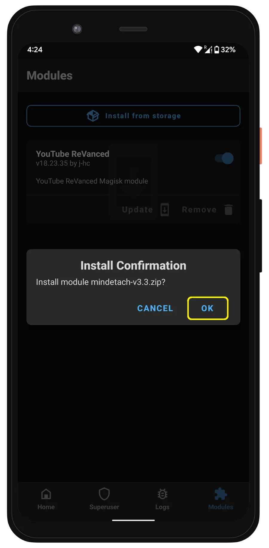 Установка модуля YouTube ReVanced Magisk Module S8